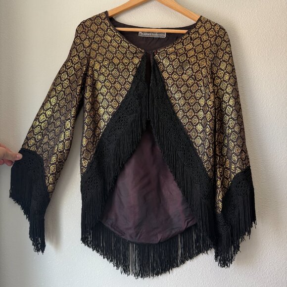 Vintage S. Howard Hirsch Black Gold Brocade Fringe Jacket I XS/S - Picture 3 of 10